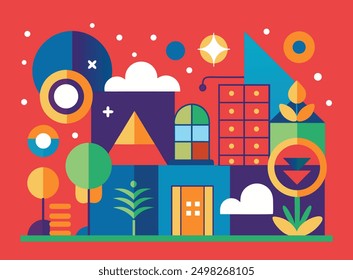Abstract Colourful modern futuristic shapes illustration geometric drawing vibrant colours kids room creative design style