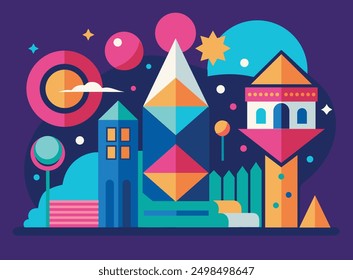 Abstract Colourful modern futuristic shapes illustration geometric drawing vibrant colours kids room creative design style background