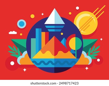 Abstract Colourful modern futuristic shapes illustration geometric drawing vibrant colours kids room creative design style background