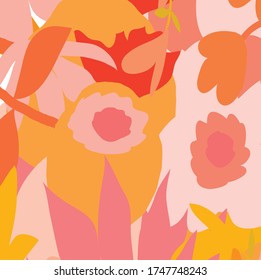 Abstract colourful orange lovely flowers and leaves pattern background. Creative cute floral hand drawn and doodles for your design.