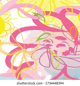 Abstract colourful paint brush and strokes, scribble lines with flowers pattern background. creative nice hand drawn and splash colours for your design. Nice tone colours fantasy stripes and grunge