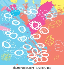 Abstract colourful paint brush and strokes, scribble lines with flowers pattern background. creative nice hand drawn and splash colours for your design. Nice tone colours fantasy grunge