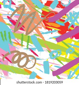 Abstract colourful paint brush and strokes, hand drawn pattern background. Creative cute kids sketch drawing and doodles backdrop