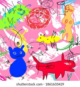 Abstract colourful paint brush and strokes, hand drawn pattern background. Creative cute kids sketch drawing and doodles backdrop