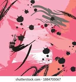 Abstract colourful pink and black paint brush and strokes, hand drawn pattern background. Creative watercolor cute kids sketch drawing and doodles backdrop