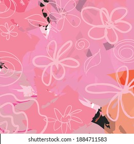 Abstract colourful pink and black watercolor flowers paint brush and strokes, scribble lines pattern background. creative nice pink flowers petals with hand drawn texture for your design