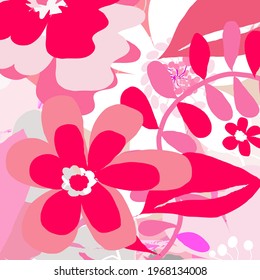 Abstract colourful pink cute flowers and leaves pattern background. Creative lovely florals , leaves with hand drawn and doodles for your design