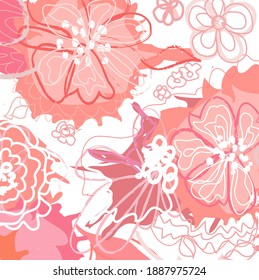 Abstract colourful  pink flowers with paint brush and strokes, scribble pattern background. creative pink floral nice hand drawn and splash colours for your design. 