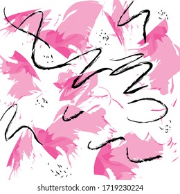 Abstract colourful pink flowers petals paint brush and strokes, scribble lines pattern background. Creative nice pink watercolour with hand drawn for your design