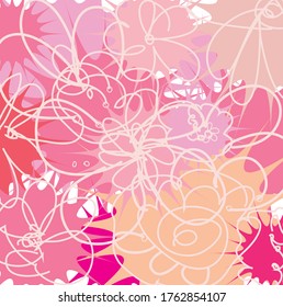 Abstract colourful pink flowers scribble pattern background. creative cute floral hand drawn and splash colours for your design. Nice tone colours fantasy stripes and grunge