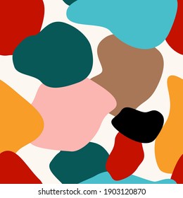 Abstract colourful seamless pattern with hand drawn doodle various shapes, spots and drops. Vector illustration.