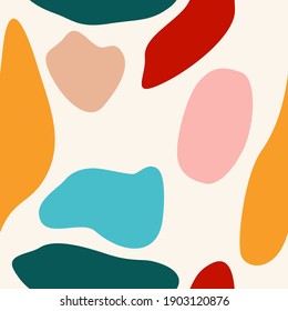 Abstract colourful seamless pattern with hand drawn doodle various shapes, spots and drops. Vector illustration.