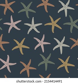 Abstract colourful starfish seamless pattern on black background.