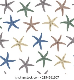 Abstract colourful starfish seamless pattern on white background.