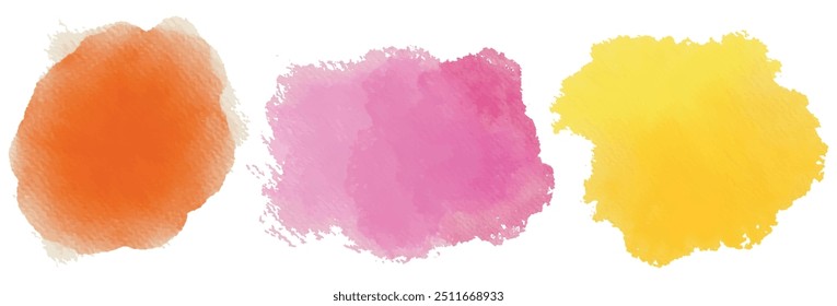 Abstract colourful watercolor splash brushes, watercolour stained grunge textured. Set of watercolor powder explosion circles multicolored. Color splashing yellow red pink aquarelle painting paper art