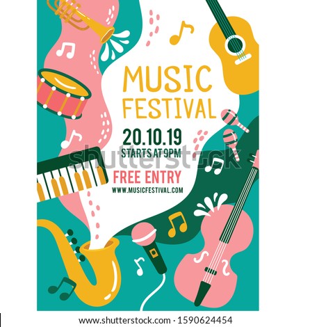 Abstract colourfull instruments waves music festival poster design template