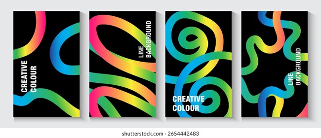 Abstrakte Farben Linien Poster , Banner, Hintergründe mit .Wave Farbverlauf Farbformen Muster. Farbige Rainbow Fluid Graphic Elements. Poster Set mit Wavy und Spiral Ribbons Minimalistisches Cover.