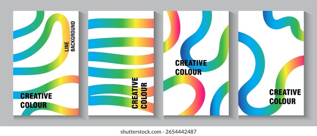 Abstrakte Farben Linien Poster , Banner, Hintergründe mit .Wave Farbverlauf Farbformen Muster. Farbige Rainbow Fluid Graphic Elements. Poster Set mit Wavy und Spiral Ribbons Minimalistisches Cover.