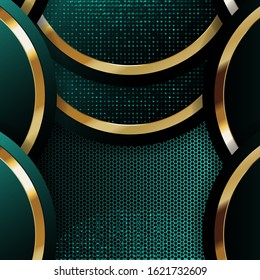 Abstract combination of a luxurious green background and a gold line forming four semicircular patterns leaving empty space. Modern vector shapes design