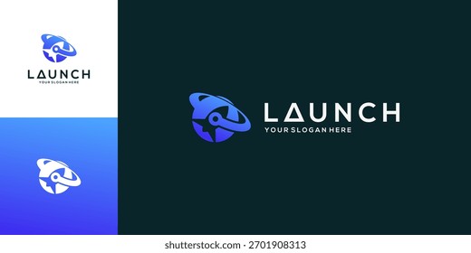 Resumo combinado da silhueta de lançamento de foguetes no espaço de anel orbital, ideias vetoriais de design de logotipo.	
