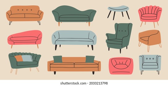 Abstract comfortable chair couch set. Modern soft furniture, luxury armchair, sofa, hand drawn doodle elements. Vector art