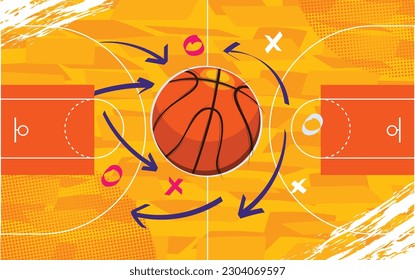 Abstract Comic Basketball Background with Colorful 90's Style and Thunder Illustration with Basketball Field Strategy