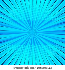 Abstract comic blue background for style pop art design. Retro burst template backdrop. Light rays effect. Vintage comic book style, halftone modern print texture, vector.