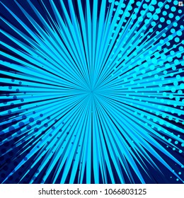 Resumen de fondo azul cómico para el diseño de arte pop de estilo. Fondo de plantilla de reventado retro. Efecto de los rayos de luz. Estilo de historieta vintage, textura de impresión moderna a medio tono, vector.