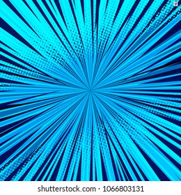 Abstract comic blue background for style pop art design. Retro burst template backdrop. Light rays effect. Vintage comic book style, halftone modern print texture, vector.