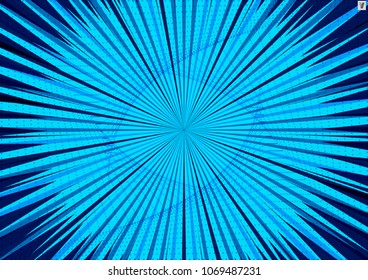 Abstract comic blue background for style pop art design. Retro burst template backdrop. Light rays effect. Vintage comic book style, halftone modern print texture, vector.