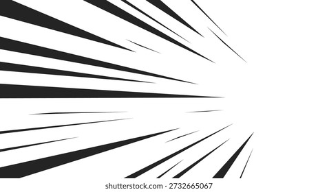 Abstract comic book explosion, radial lines on a white background. Vector illustration, superhero design. Bright black streak of light. Glow of a ray blast. Speed ​​lines. Manga frame. Anime.