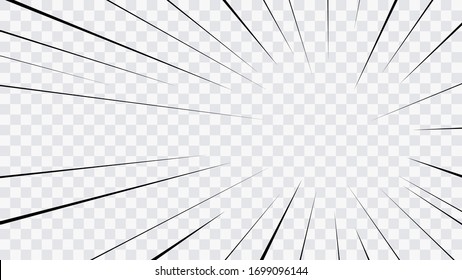 Abstract comic book flash explosion radial lines on transparent background. Vector illustration superhero design. Bright black light strip burst. Flash ray blast glow. Speed lines Manga frame. Anime
