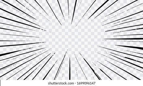 Abstract comic book flash explosion radial lines on transparent background. Vector illustration superhero design. Bright black light strip burst. Flash ray blast glow. Speed lines Manga frame. Anime