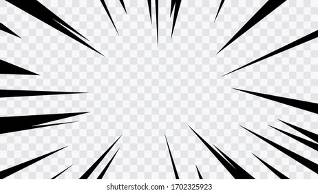 Abstract comic book flash explosion radial lines on transparent background. Vector illustration superhero design. Bright black light strip burst. Flash ray blast glow. Speed lines Manga frame. Anime