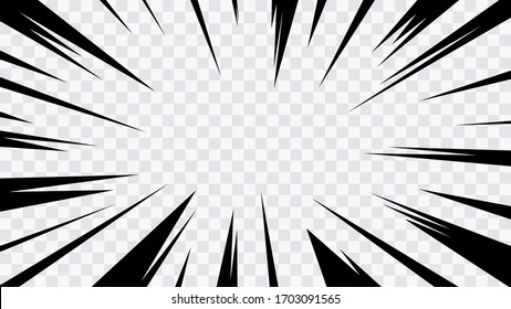 Abstract comic book flash explosion radial lines on transparent background. Vector illustration superhero design. Bright black light strip burst. Flash ray blast glow. Speed lines Manga frame. Anime