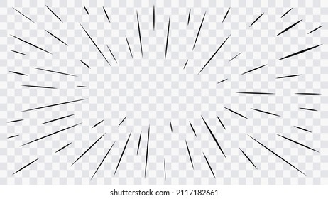 Abstract comic book flash explosion radial lines on transparent background. Vector illustration superhero design. Bright black light strip burst. Flash ray blast glow. Speed lines Manga frame. Anime