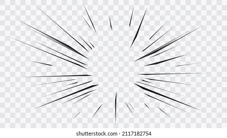 Abstract comic book flash explosion radial lines on transparent background. Vector illustration superhero design. Bright black light strip burst. Flash ray blast glow. Speed lines Manga frame. Anime