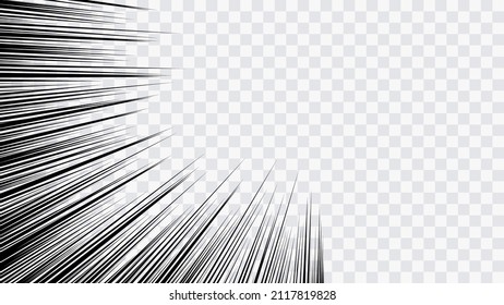 Abstract comic book flash explosion radial lines on transparent background. Vector illustration superhero design. Bright black light strip burst. Flash ray blast glow. Speed lines Manga frame. Anime