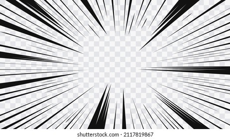 Abstract comic book flash explosion radial lines on transparent background. Vector illustration superhero design. Bright black light strip burst. Flash ray blast glow. Speed lines Manga frame. Anime