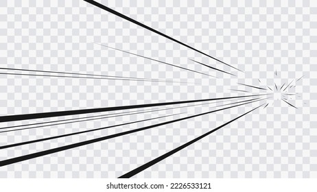 Abstract comic book flash explosion radial lines on transparent background. Vector illustration superhero design. Bright black light strip burst. Flash ray blast glow. Speed lines Manga frame. Anime