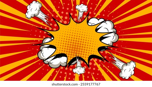 Abstract comic book flash explosion radial lines on orange background. Vector illustration superhero design.