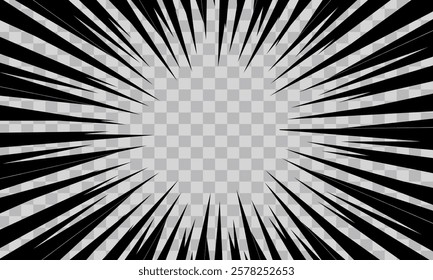 Abstract comic book flash explosion radial lines on transparent background. Vector illustration superhero design. Bright black light strip burst. Flash ray blast glow. Speed lines Manga frame. Anime