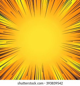 Abstract Comic Book Flash Explosion Radial Lines Background. Vector Illustration For Superhero Design. Bright Black Orange Yellow Light Strip Burst. Flash Ray Blast Glow Manga Cartoon Hero Fight Print