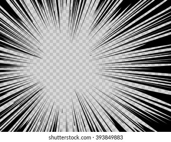 Abstract comic book flash explosion radial lines on transparent background. Vector illustration superhero design. Bright black light strip burst. Flash ray blast glow. Manga cartoon hero fight print