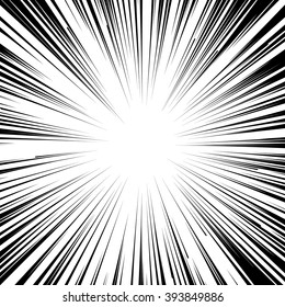 Abstract Comic Book Flash Explosion Radial Lines Background. Vector Illustration For Superhero Design. Bright Black White Light Strip Burst. Flash Ray Blast Glow. Manga Cartoon Hero Fight Print Stamp