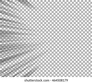Abstract comic book flash explosion radial lines on transparent background. Bright black light strip burst. Flash ray blast glow. Manga cartoon hero fight print