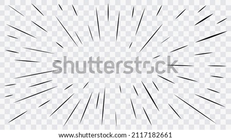 Abstract comic book flash explosion radial lines on transparent background. Vector illustration superhero design. Bright black light strip burst. Flash ray blast glow. Speed lines Manga frame. Anime