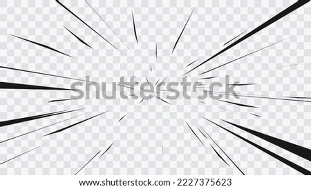 Abstract comic book flash explosion radial lines on transparent background. Vector illustration superhero design. Bright black light strip burst. Flash ray blast glow. Speed lines Manga frame. Anime Foto d'archivio © 