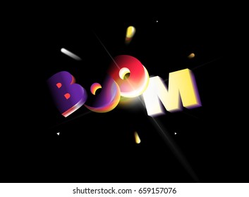 Abstract comic BOOM banner. Night fire explosion vector background. Motion burning embers. Blue, red and black color. Comics cartoon style. Use in animation, flyer and leaflet, corporate presentation