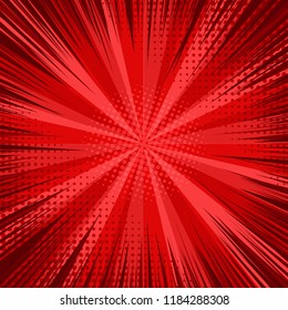 Abstract comic bright red background with rays radial and halftone humor effects. Vector illustration